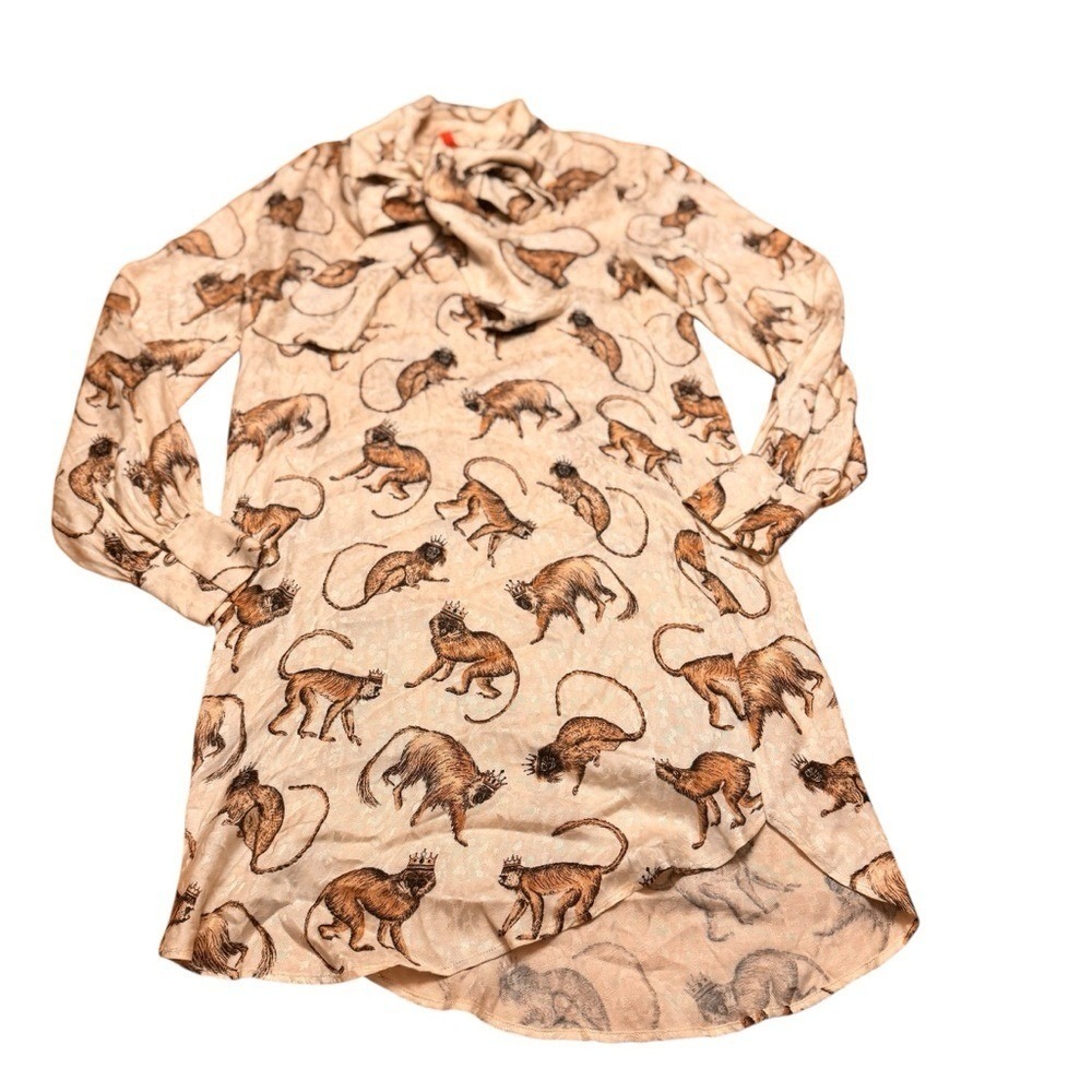 H&M Monkey Print Tie Neck Shift Dress Size 2 Cream Jacquard Rare Discontinued - Picture 10 of 16